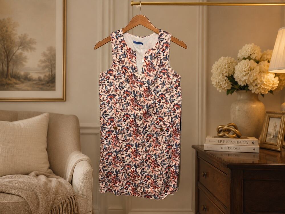 J McLaughlin Rue Linen Shift Dress XL Coral Floral Sleeveless NWT Resort Dress